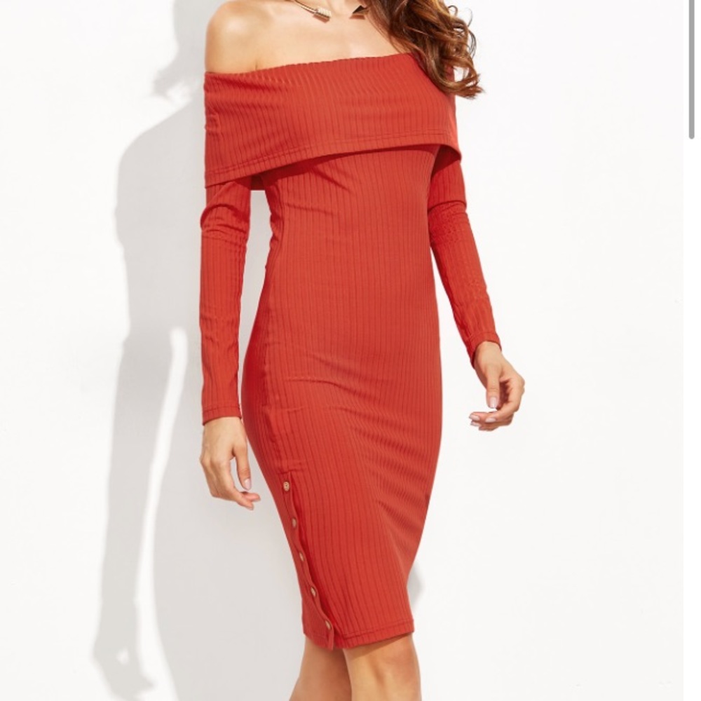 off the shoulder button side ribbed dress